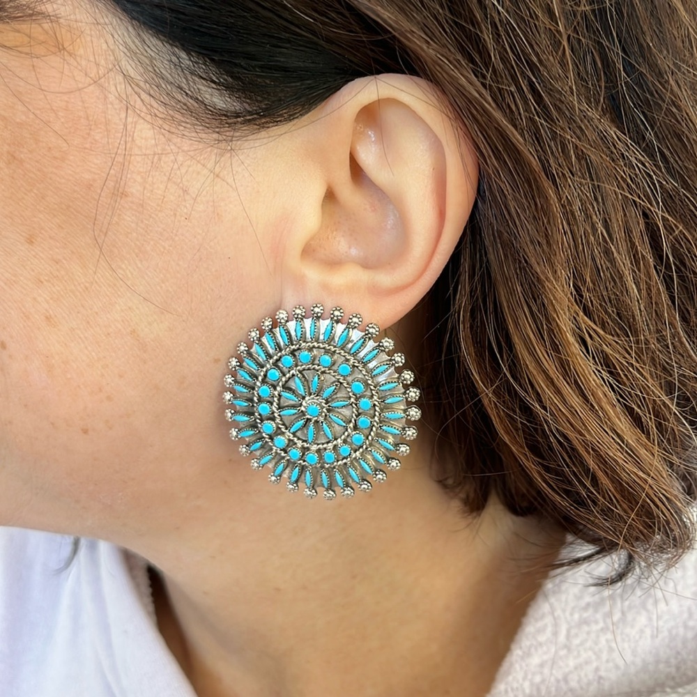 Navajo Handmade Turquoise Cluster Earrings Stamped